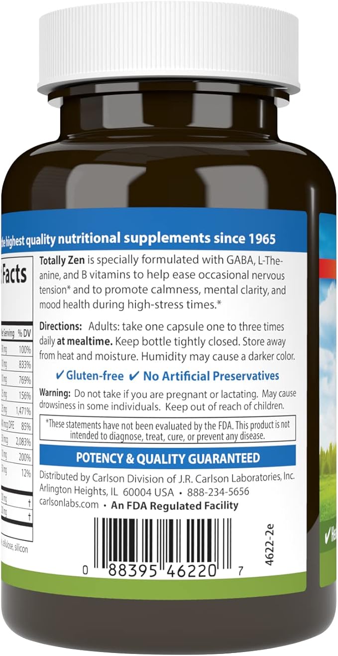 Carlson - Totally Zen, GABA, L-Theanine & B Vitamins, Healthy Mood, Promotes Calmness & Mental Clarity, 120 Capsules