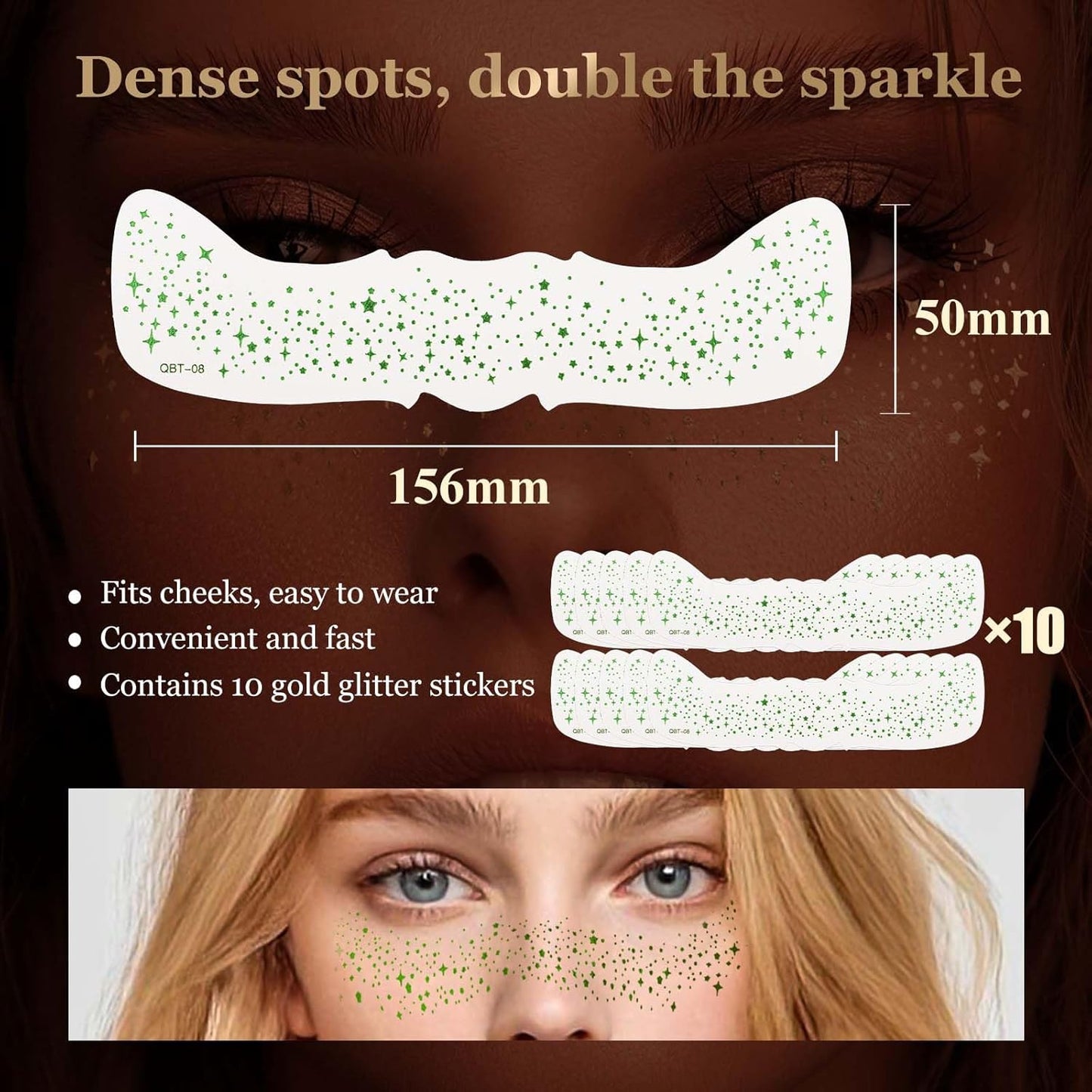 10 Pcs Glitter Freckles Face Tattoo, Face Glitter Makeup Patches, Waterproof Sparkle Freckles Tattoo Fairy Makeup Accessories For Women (Green)