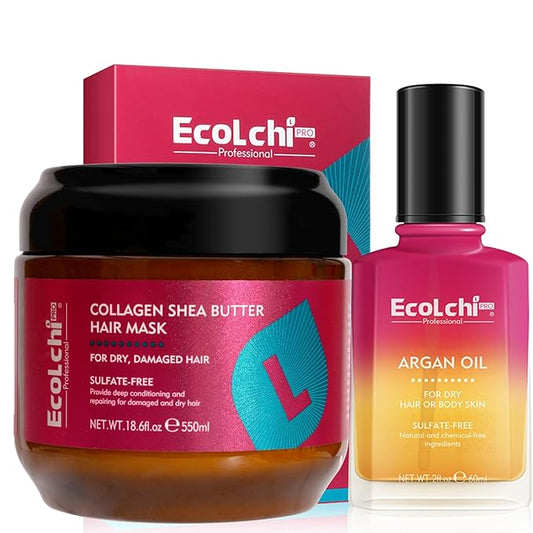 Ecolchi Hair Mask Argan Oil Set Deep Repair Conditioning Collagen Hair Treatment for Dry and Damaged Hair All Hair Types 550ml+60ml 18.6floz + 2floz