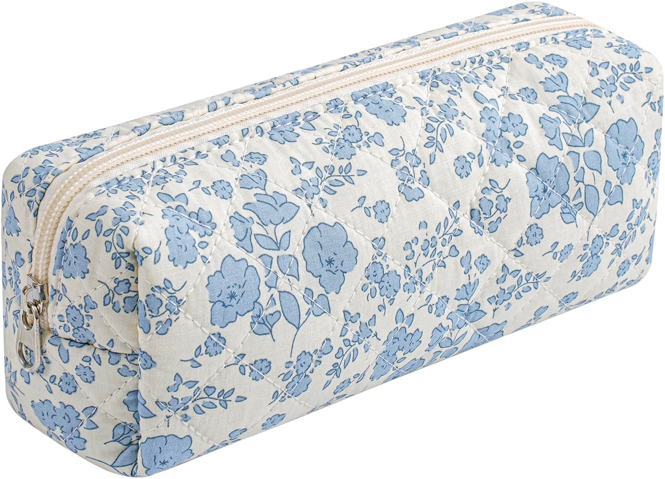 Cute Floral Cotton Makeup Brush Cosmetic Bag for Women, Travel Quilted Zipper Make Up Bag, Flowers Toiletry Organizer Case Kawaii Makeup Cosmetic Travel Cloth Pouch (Blue Floral)