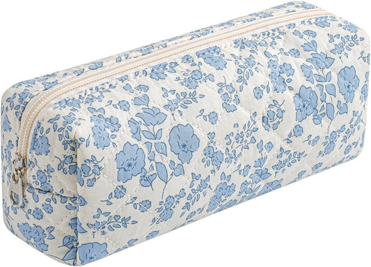 Cute Floral Cotton Makeup Brush Cosmetic Bag for Women, Travel Quilted Zipper Make Up Bag, Flowers Toiletry Organizer Case Kawaii Makeup Cosmetic Travel Cloth Pouch (Blue Floral)