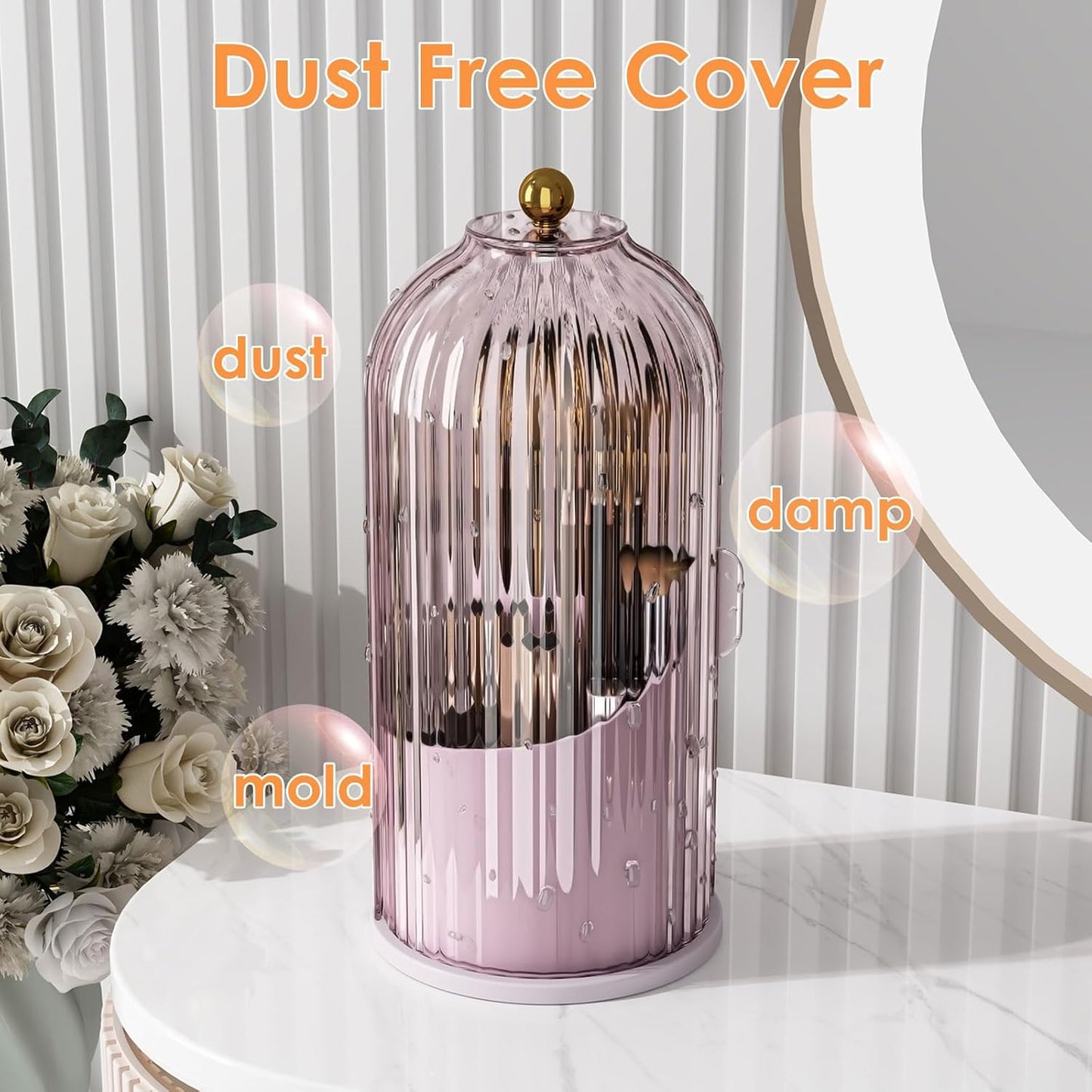 Makeup Brush Holder with Lid 360 Rotating Clear Dustproof Make Up Organizers for Vanity Bathroom Countertop, Pink