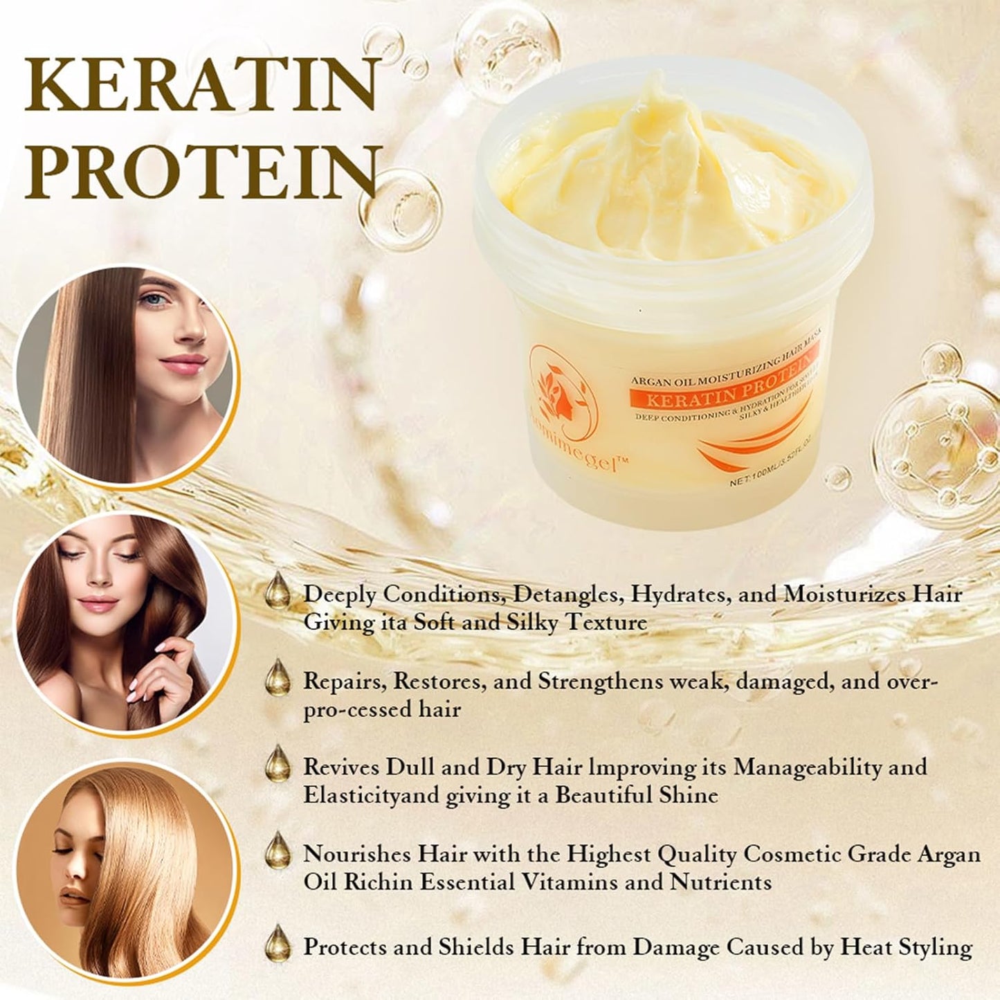Collagen Hair Mask,Deep Repair Conditioning Argan Oil Hair Mask for Damaged Hair Treatment, Deep Conditioner Hydrating Hair Masque for All Hair Types 3.38oz 100ml