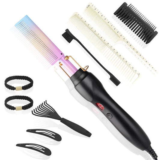 Electric Hot Comb Hair Straightener Heat Pressing Comb Curling Flat Iron Curler Hair Straightener Brush for Natural Black,Anti-Scald Beard Straightening Electric Press Comb (Multicolored)