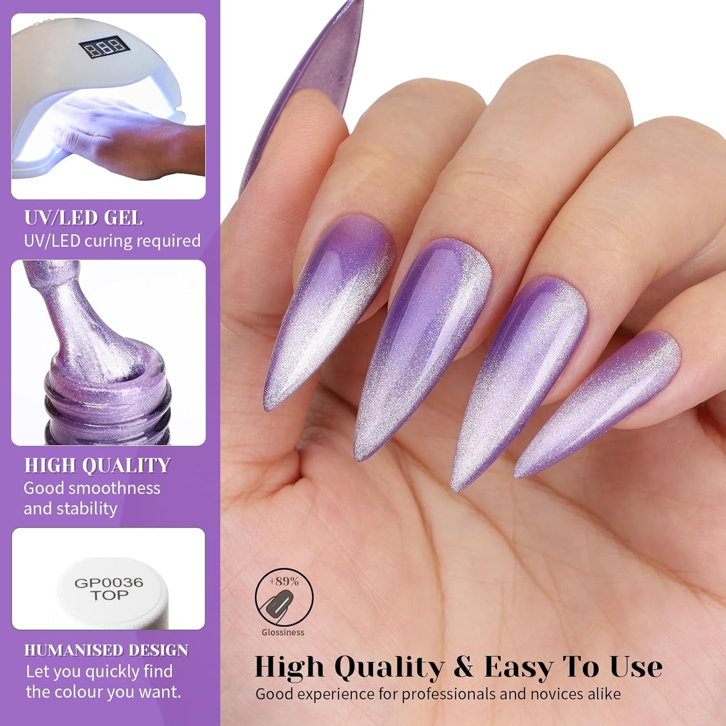 Bright Purple Cat Eye Gel Nail Polish,Crystal Galaxy Holographic Lavender Cateye Gel Polish with Magnet, Purple Gel Silver Shimmer Velvet Soak Off Uv Led Home Diy Manicure GP0100
