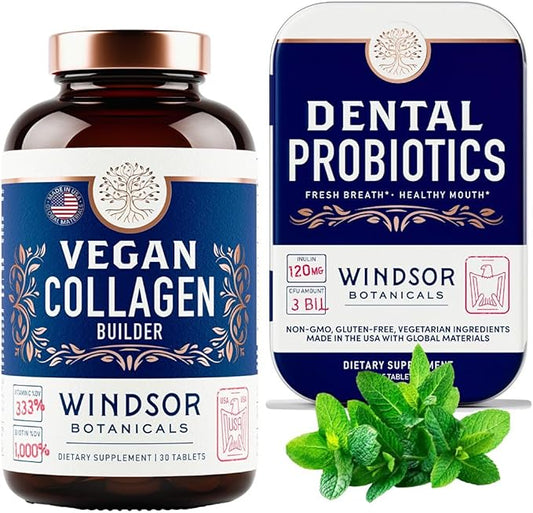 WINDSOR BOTANICALS Vegan Collagen Supplements and Dental Probiotics for Teeth and Gums Bundle
