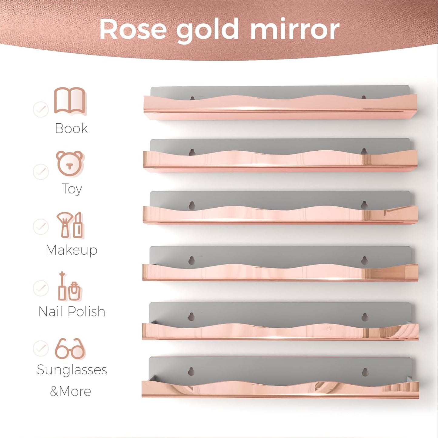 Wall-Mounted Nail Polish Organizer Rack - 15-Inch Rose Gold Mirror Finish Nail Polish Shelf, Makeup & Beauty Essentials Storage - Multi-Purpose Display Holder for Small Space, Vanity Bathroom, 6 Pack