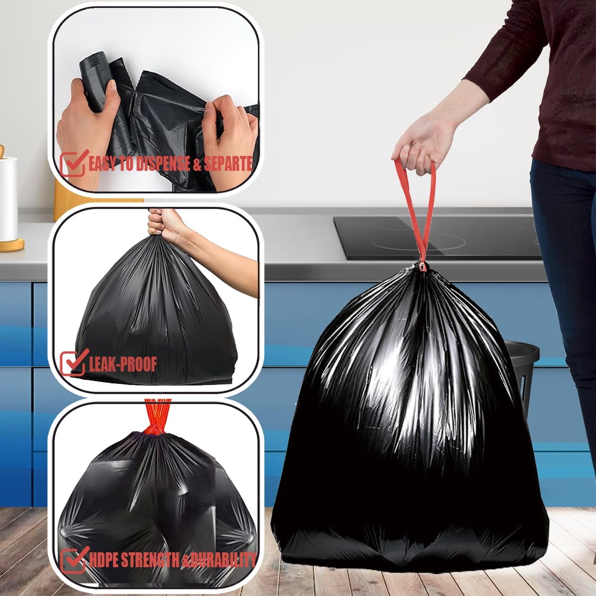 4-6 Gallon Trash Bags Drawstring, 150 Count Bulk Value Pack, Black & Unscented Multi-purpose Garbage Bags for Business Home Bathroom Kitchen Commercial and Industrial