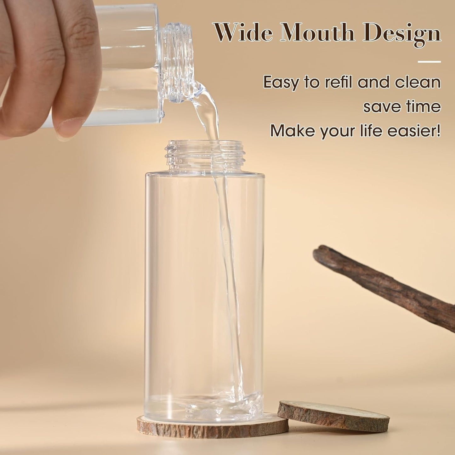 3 Pack Push Down Pump Dispenser,Clear Push Top Empty Bottles with DIY Stickers for Alcohol,Nail Polish,Makeup Remover,Toner (100ml)