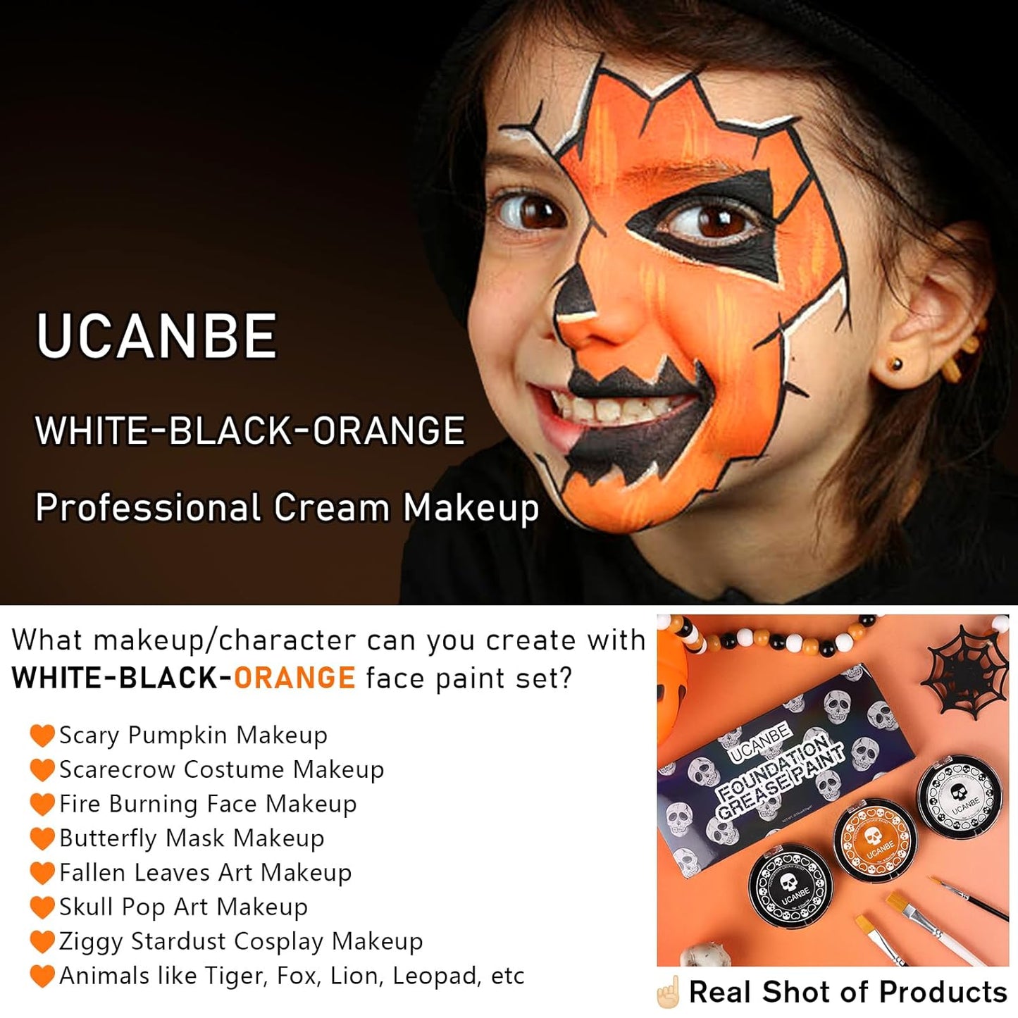 White Foundation + Black Orange Face Body Paint with Brushes for Halloween Pumpkin Clown Makeup, Non Toxic Face Painting Kit Facepaints Set for Kids Adults Party Scarecrow Tiger SFX Cosplay Make Up