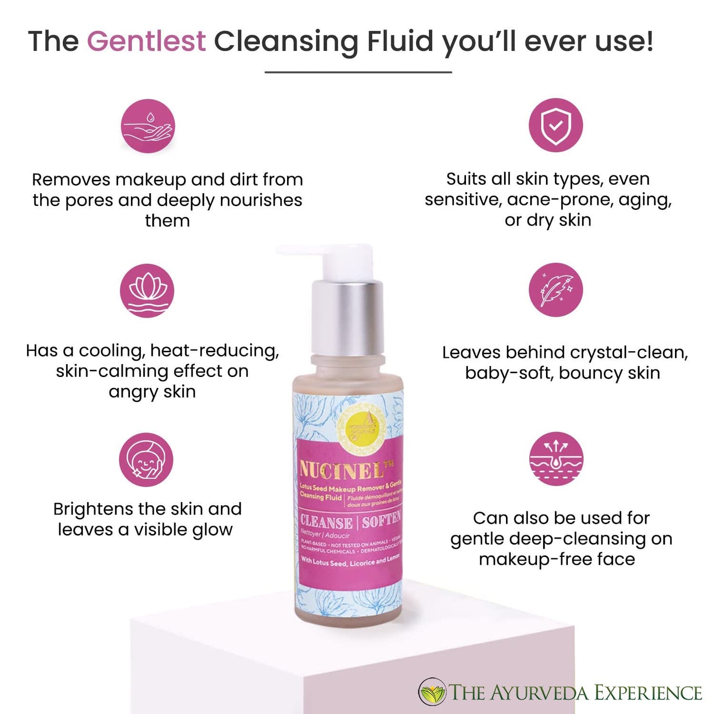 The Ayurveda Experience Nucinel Makeup Remover and Gentle Cleansing Liquid for ALL Skin Types – Power-Clean & Power-Nourish Skin Gently - Dermatologically Tested, 3.5 oz