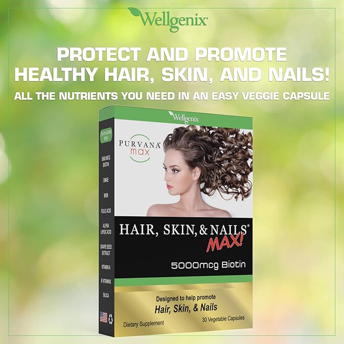 Purvana Max Hair, Skin, and Nails Vitamin - 5000mcg Biotin, Folic Acid, DMAE, Grape Seed Extract - One a Day Vegan Hair, Skin, Nails Support - Promotes Collagen Production - 30 Caps (Pack of 2)