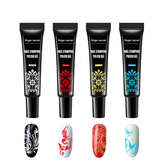 Nail Stamping Gel Polish Kit - 4 Colors (White, Red, Gold, Blue) - Gel Nail Art Set with UV Lamp