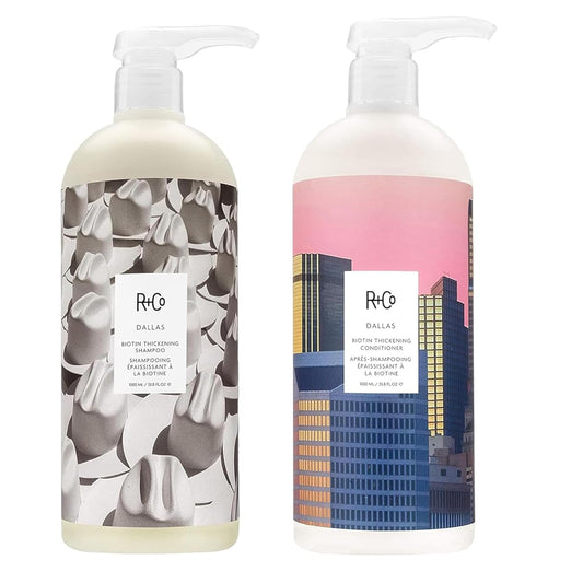 R+Co Dallas Biotin Thickening Shampoo & Conditioner Set + Deluxe Sample (0.5oz) | Adds Volume, Strength & Fullness | Sulfate-Free, Vegan + Cruelty-Free | 33.8oz (Pack of 2)