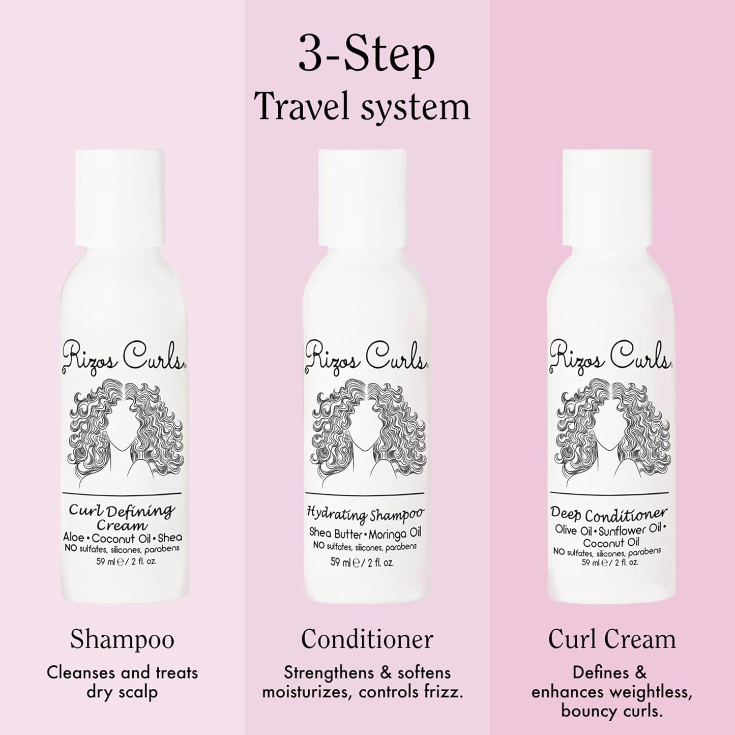 Rizos Curls Trio Travel Curl Kit, Includes Travel Hydrating Shampoo, Travel Deep Conditioner, Travel Curl Cream, Gently Cleanse, Hydrate and Style, For All Curl Patterns 2a - 4c, 3 pack of 2 oz