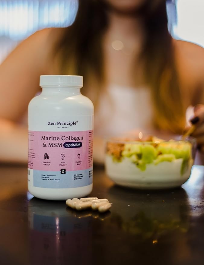 Zen Principle Marine Collagen Peptides Powder with OptiMSM® Supplement. Clinically Tested for Skin Support. Wild-Caught Fish, Non-GMO. 210 Capsules.