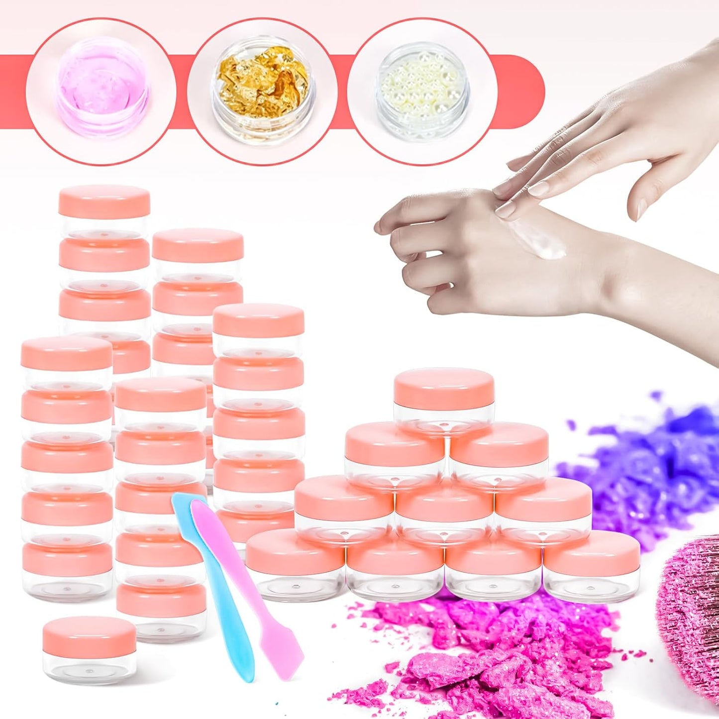 MotBach 50Pack 10g Small Plastic Cosmetic Containers with Lids, 10gram Plastic Makeup Containers Jars with Spatulas, 10ml Sample Jars Travel Size Containers for Toiletries Lip Balm Slime Cream Lotion