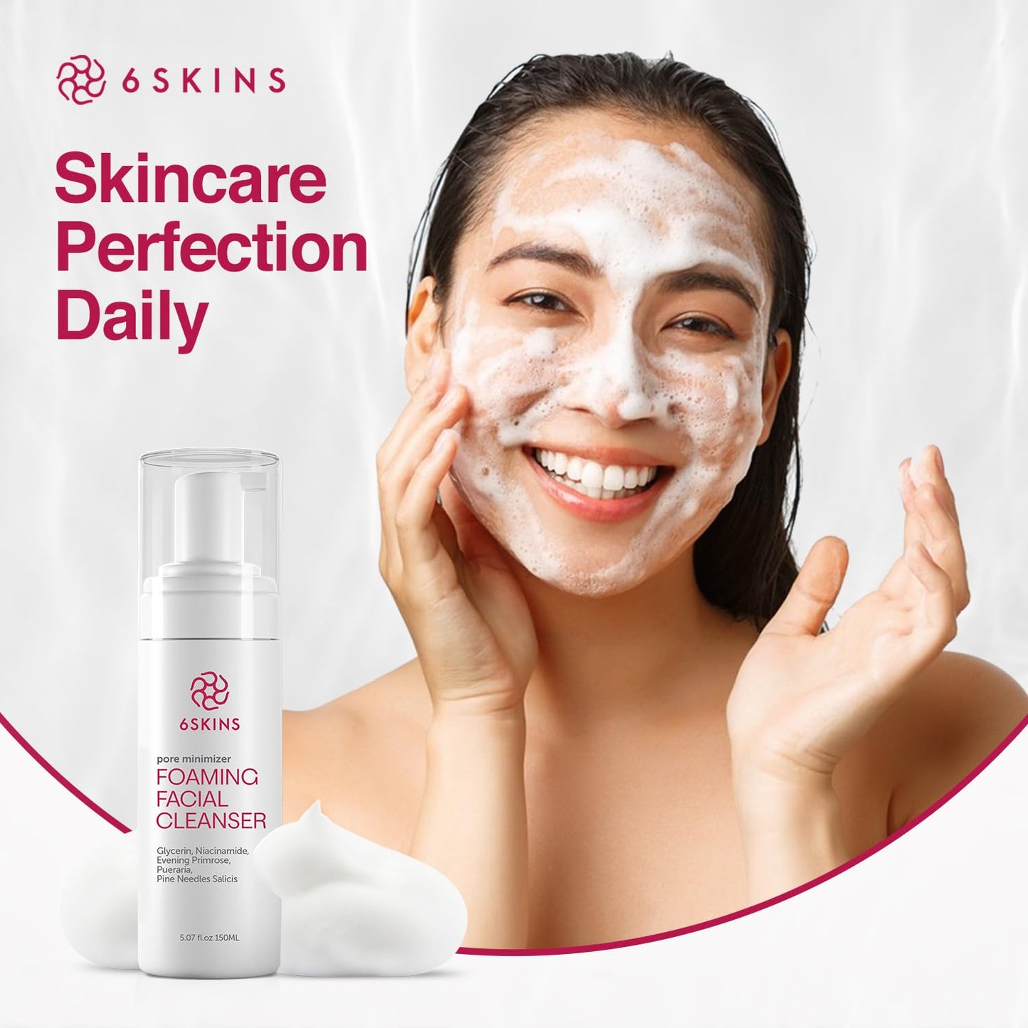 6SKINS® Pore Minimizer Foaming Facial Cleanser – Exfoliating Face Wash with Anti-Sebum P, Niacinamide & Evening Primrose | Gentle Hydrating Korean Face Wash for All Skin Types | 5.07 fl oz