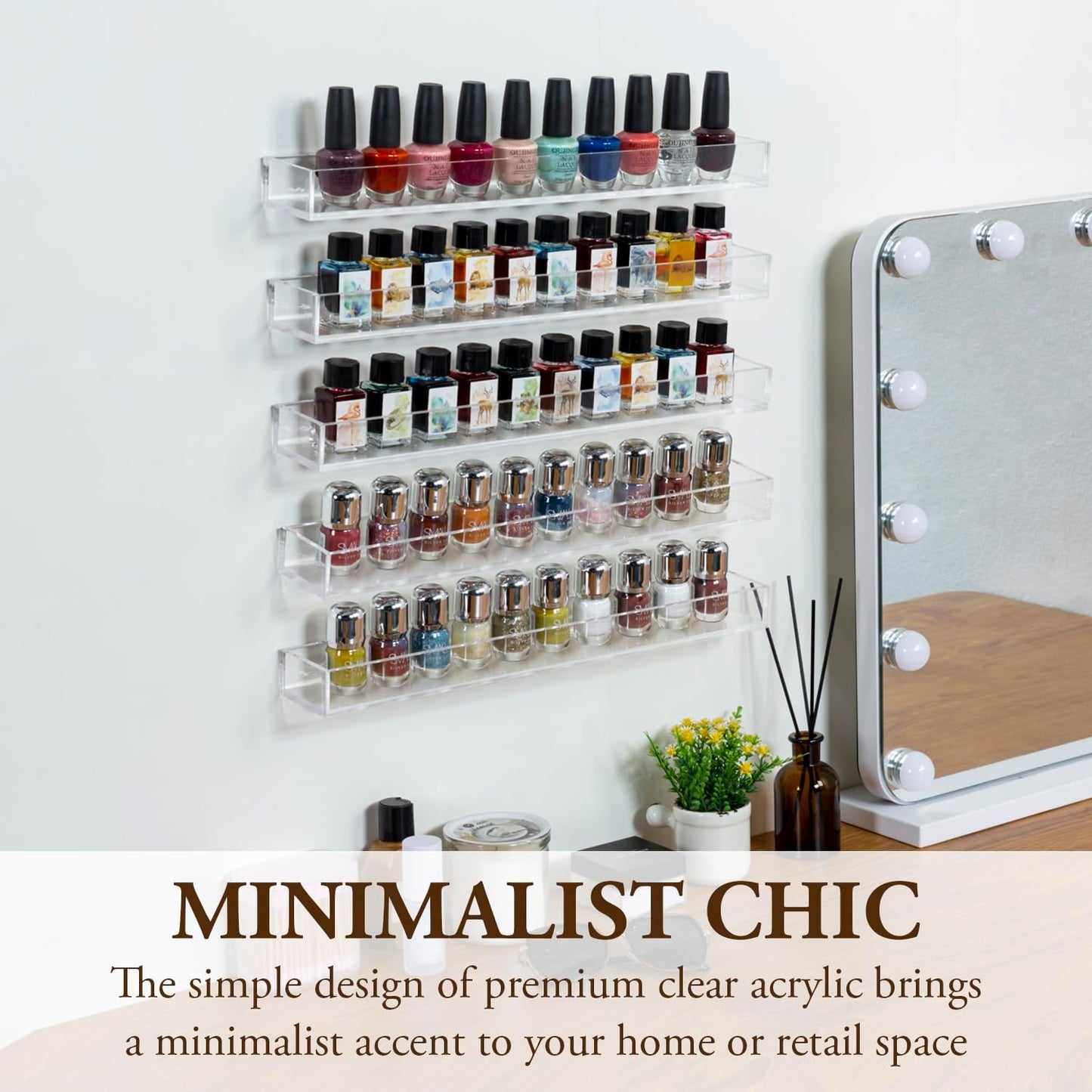MyGift 16 Inch Wall Mounted Premium Clear Acrylic Nail Polish and Essential Oil Display Shelves, Kitchen Hanging Racks for Seasoning Shakers or Spice Jars, Set of 5