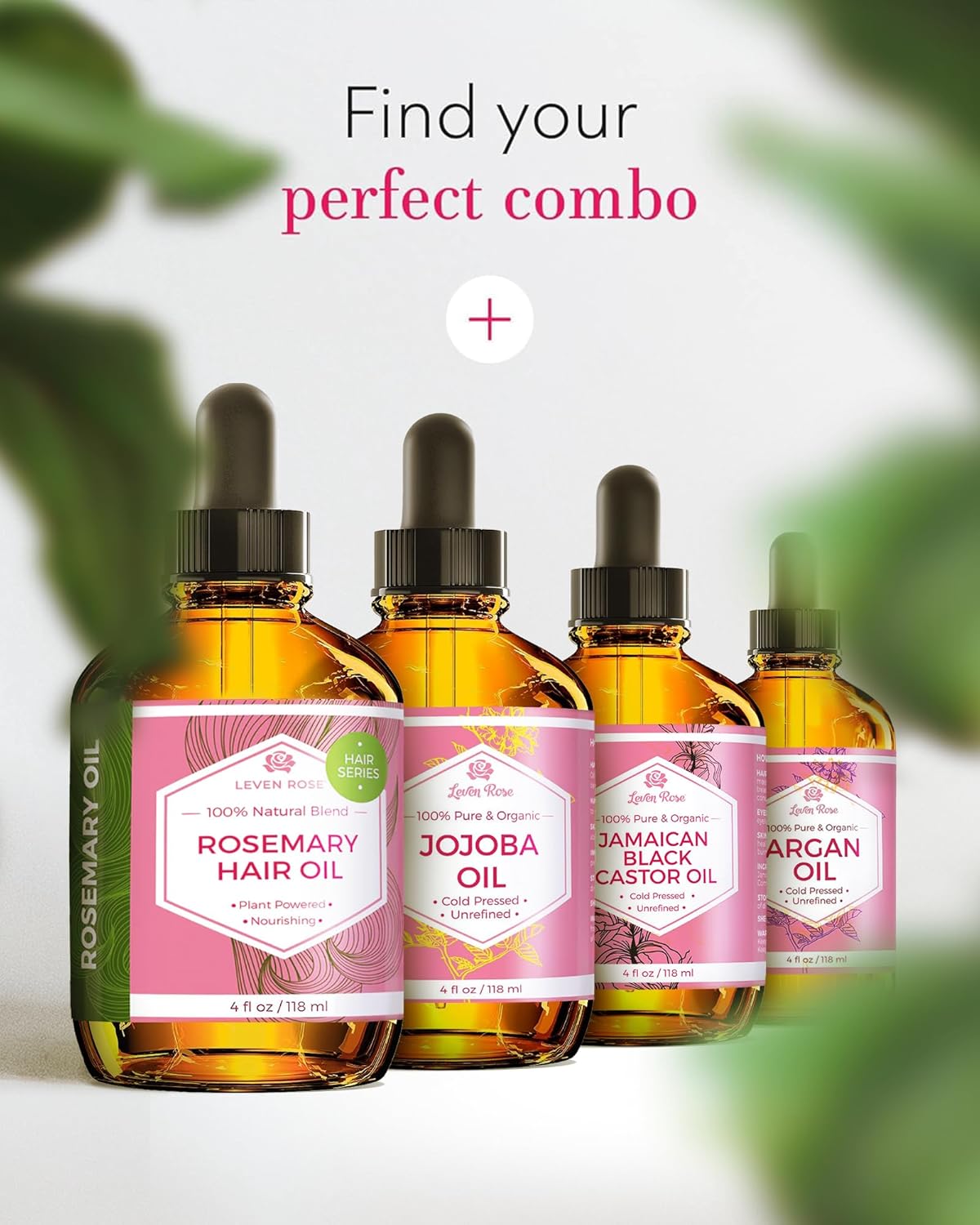 Leven Rose Organic Rosemary Hair Growth Oil with Castor, Rosemary, Peppermint, Jojoba, Argan, Pumpkin Seed, Horse Tail Extract, Evening Primrose for all Hair Types, Natural, 2 oz