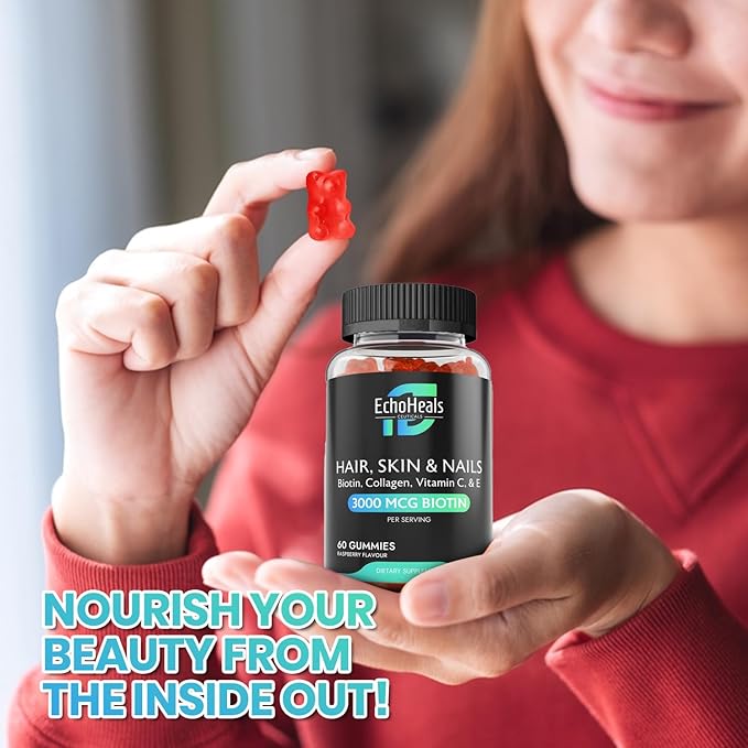 Hair, Skin & Nail Gummies | Biotin Collagen Vitamin C & E Supplement | 3000mcg Biotin | Raspberry Flavored | 60 Gummies
