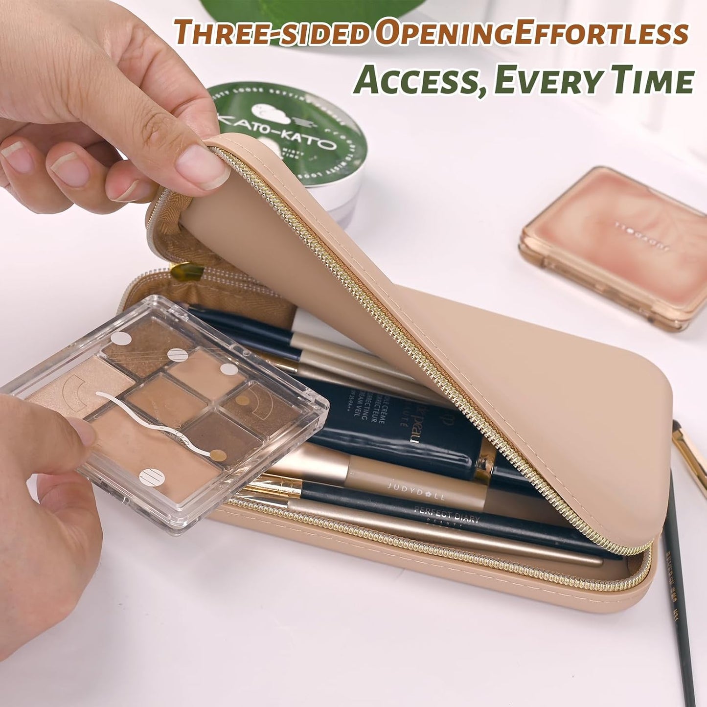 Sakolla Zipper Makeup Brushes Bag For Travel, Make Up Brushes Pouch Case for Makeup Tools, Large Silicone Makeup Brush Holder for Daily Work (Khaki)