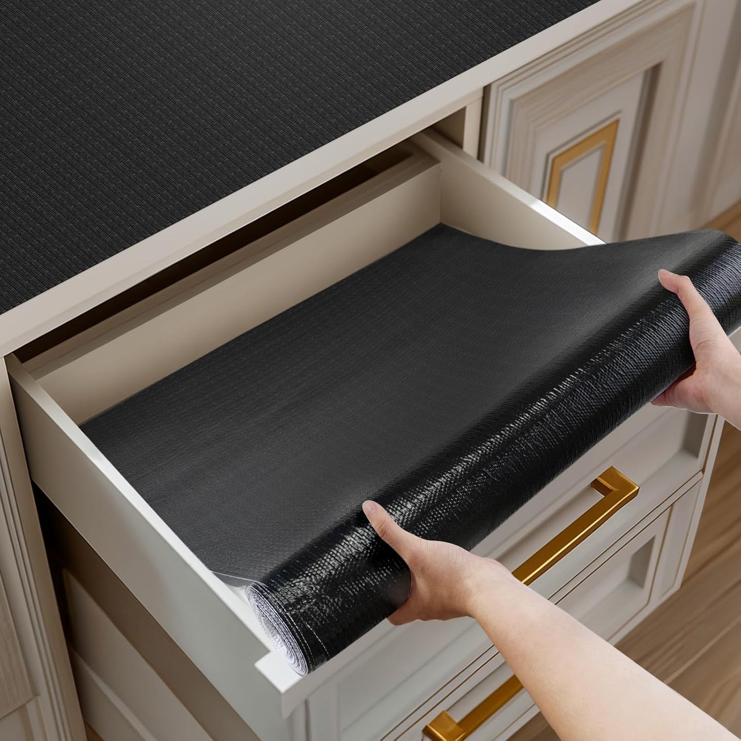 Shelf and Drawer Liner for Kitchen Cabinets Non-Adhesive, Strong Grip Non-Slip Thickened Cabinet Liners for Shelves, Waterproof Mats for Dresser Cupboard, Black, 12 in x 30 Feet
