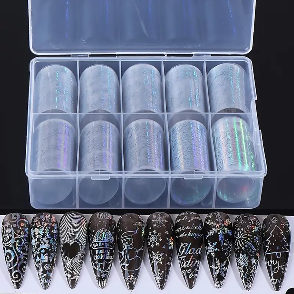 1Box 10 Rolls Laser Silvery Snowflake Nail Art Transfer Stickers 3D Christmas Tree Snowman ELK Starry Sky Paper Decals Rose Letter Gift Manicure Supplies Christmas Nail Foil Transfer Stickers Decals