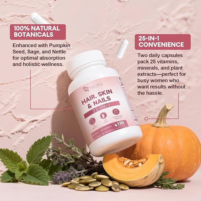 Hair Skin and Nails Vitamins with Biotin, Collagen & Hyaluronic Acid, Supports Healthy Hair Growth, Strong Nails & Glowing Skin, Biotin Supplement with Vitamins A, C, D3, E, B Complex & Minerals