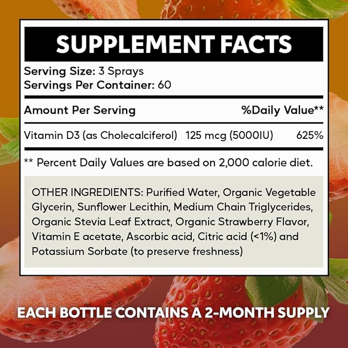 Liposomal Liquid Vitamin D3-5000IU Spray | 2 Month Supply |1 fl oz | Non-GMO | Sugar Free| Gluten Free | Travel Friendly | Supports Bone Health, Immune System and Healthy Mood
