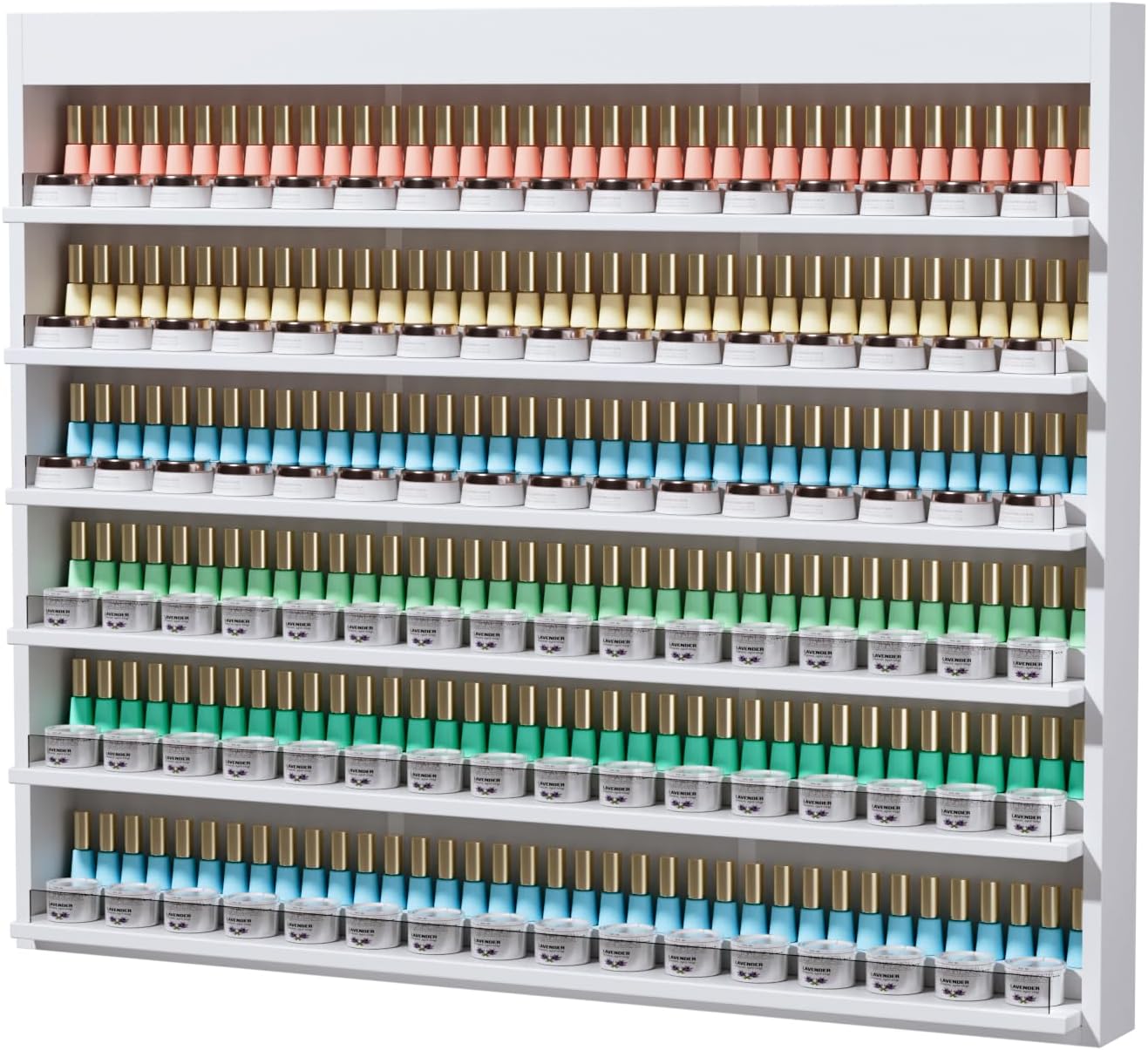 OmySalon Powder & Polish Rack - 6-Tier Double Nail Polish Organizer Wall-Mounted Salon Display Rack with Acrylic Barrier for Nail Salon Spa Home Beauty Studios (White)