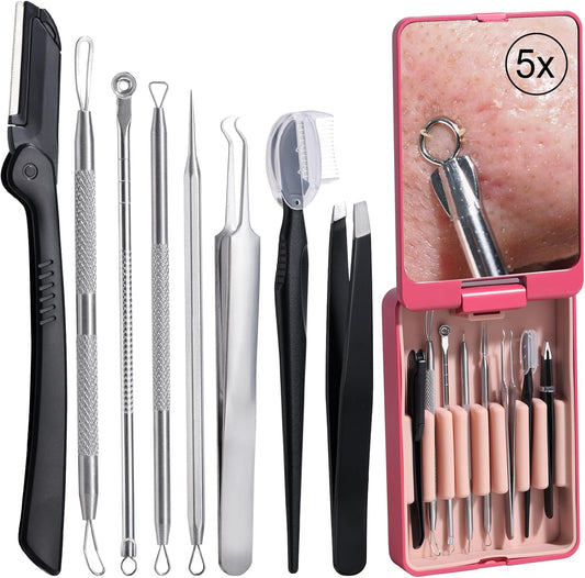 JPNK Blackhead Remover Tool Comedones Extractor Acne Removal kit & Eyebrow Trimmer Kit, 8PCS in One with 5X Magnifying Mirror
