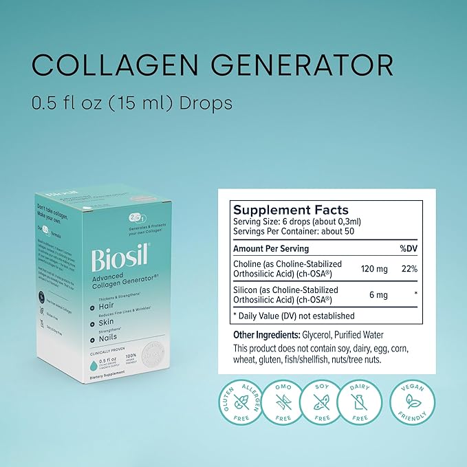 Biosil Collagen Generator - 0.5 fl oz Drops - With Patented ch-OSA Complex - Generates & Protects Your Own Collagen - GMO Free - 30-Day Supply