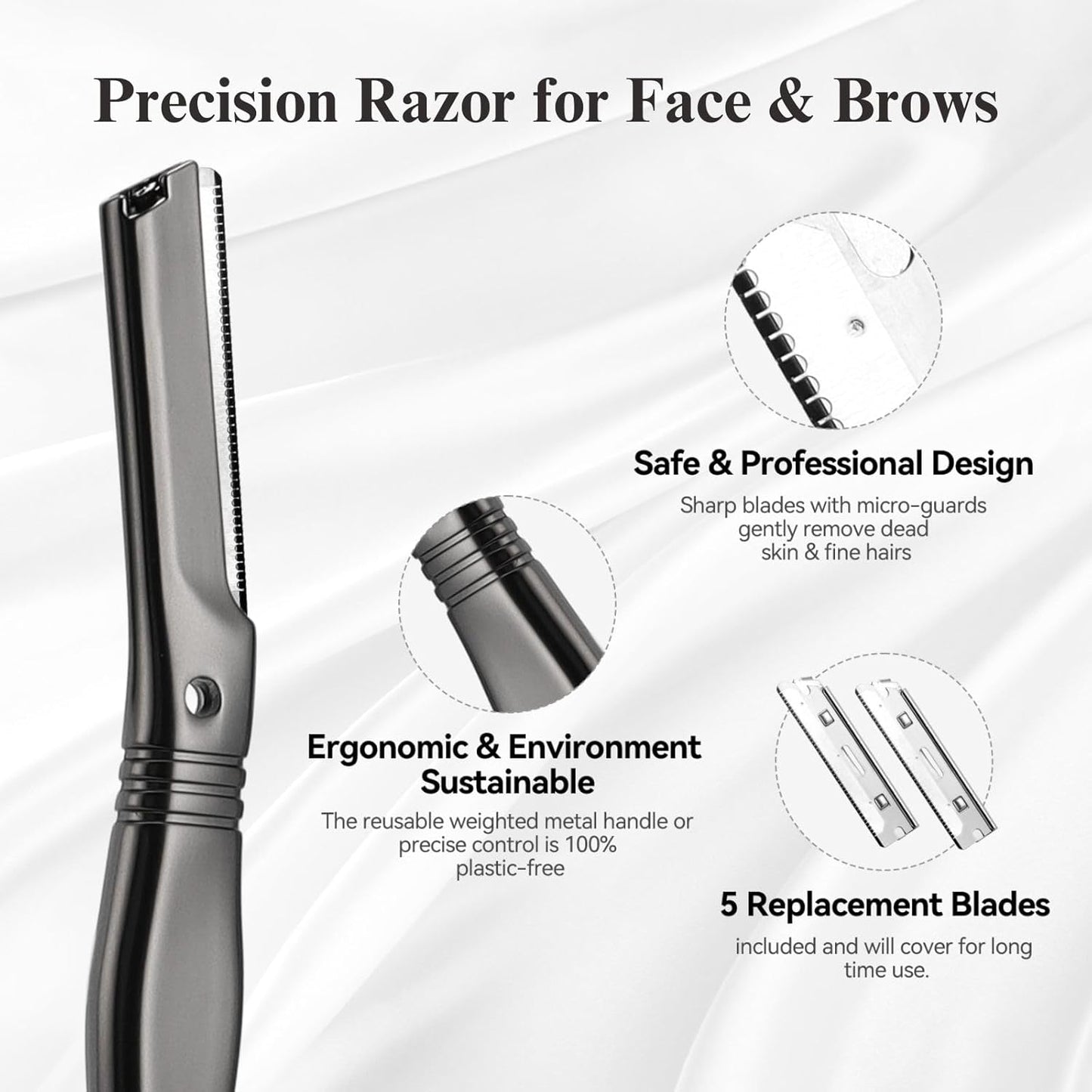 Eyebrow Razor for Women and Men, Face Razors for Women, Dermaplane Razor with Protective Silicone Cover, Reusable Metal Handle with 6 Refill Blades, Skin Care Tool - Matte Black