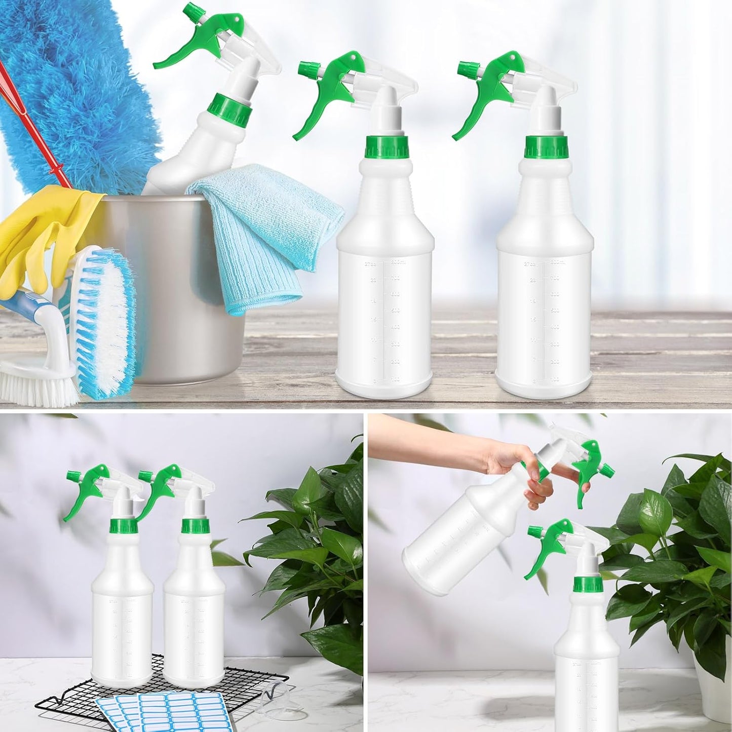 Zubebe 24 Pack 32 oz Plastic Spray Bottle Bulk Empty Leakproof Heavy Duty Spray Bottles for Cleaning Supplies Mist Bottles with Label and Adjustable Nozzle for Plant(Green,Clear Scale)