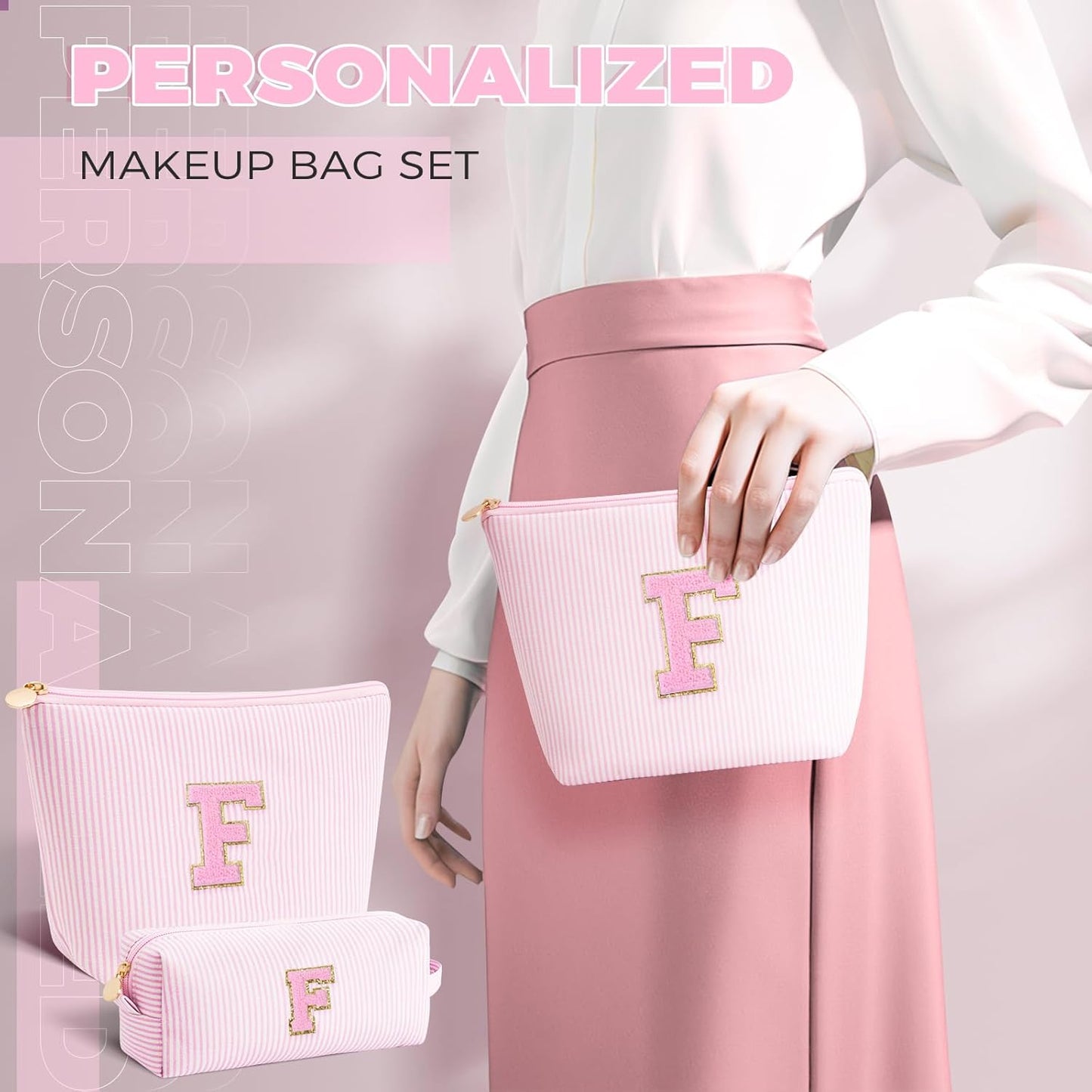 Personalized Makeup Bag for Women Girls - Fashion Cosmetic Bag Trendy Travel Toiletry Bag with Initials Letter - Teen Gifts - Pink,F
