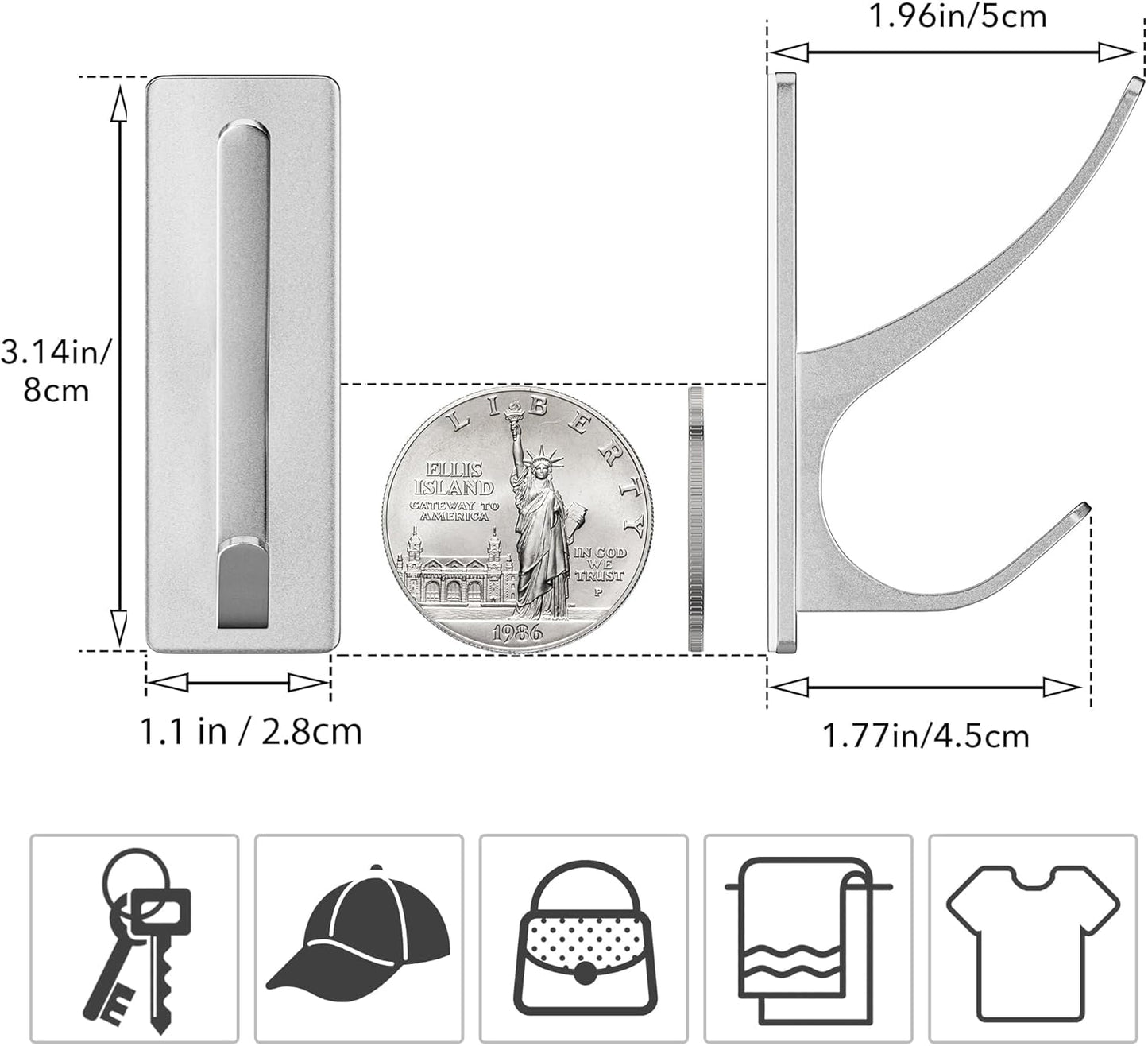 pickpiff Stick on Hooks for Hanging, Extra Sticky 6KG (Max), Coat Hook on Door for Towel Coat Hat Key, Self Adhesive Hangers Wall Mounted, Silver, 6 Pack