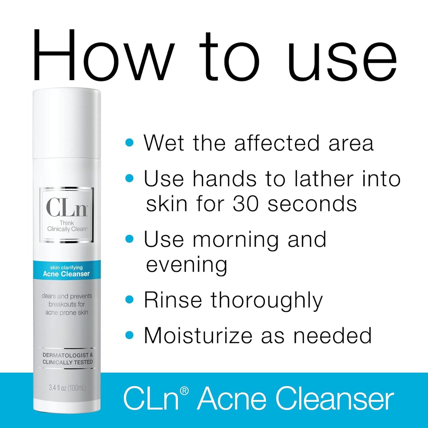 CLn® Acne Cleanser-Facial Cleanser with 0.5% Salicylic Acid to Eliminate Blackheads & Breakouts, Oil-Free & Fragrance-Free, 3.4 fl. oz.