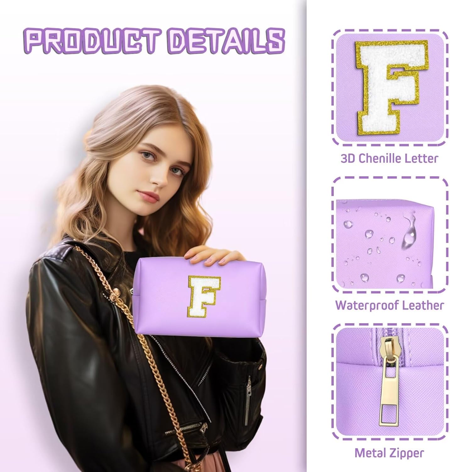 TOPEAST Preppy Makeup Bag, Small Cosmetic Travel Bags for Women, PU Leather Waterproof Toiletry Bag with Zipper, Personalized Birthday Gift for Women Girl, Preppy Gifts for Girl (Purple Z)