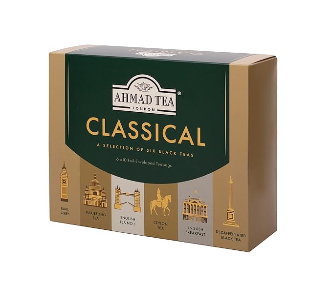 Ahmad Tea Black Tea, Classic Selection Pack Teabags, 60 Foil Teabags - Caffeinated, Decaffeinated, & Sugar-Free