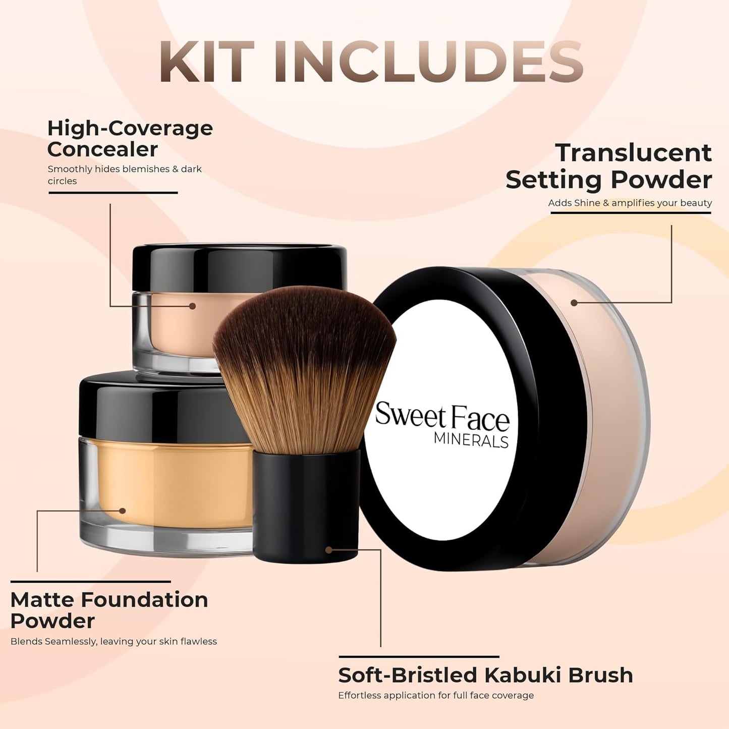 4pc Full Size Kit (BEIGE SHADE) Mineral Makeup Matte Translucent Loose Foundation + Kabuki Brush + Concealer + Finishing Setting Powder + Bare Face Full Coverage SPF 30 All Skin Types Waterproof