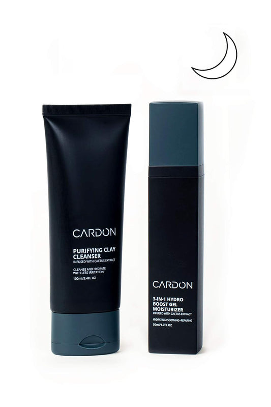 Cardon Mens PM Nighttime Skincare Set | Clay Face Wash Cleanser, 100ml + Repairing Hydro Boost Gel Moisturizer, 50ml | Made with Cactus Extract | Oily, Dry, or Sensitive Skin Type
