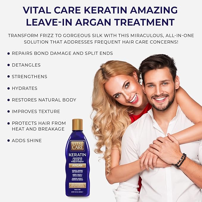 Vital Care Keratin Amazing Leave-In Treatment Argan - Gentle Keratin Complex Hair Treatment is Non-Stripping for Daily Use, Hydrating & Repairing - Abyssinian, Avocado & Sunflower Seed Oil