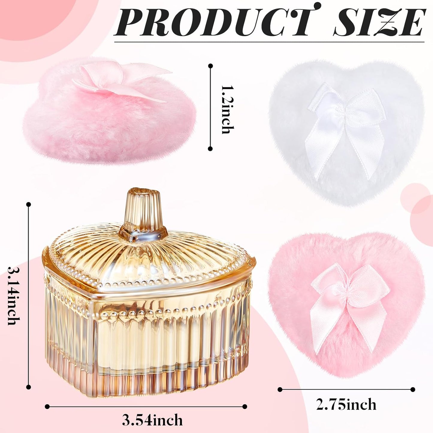 Tioncy 3 Pcs Large Body Powder Puff and Container Powder Container with Puff Crystal Case Soft Washable Reusable Velour Face Body Glitter Wet Dry Makeup(Heart,Amber)
