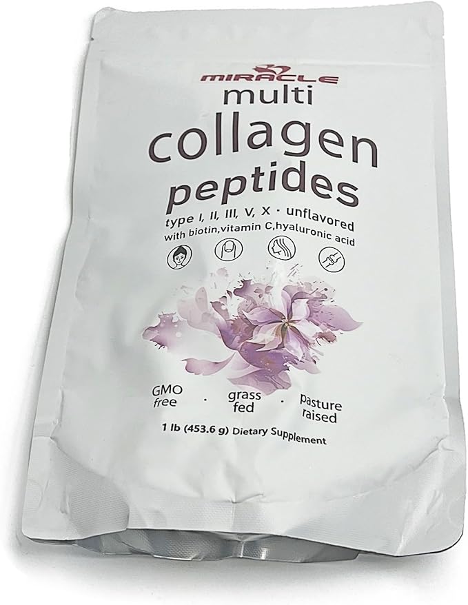 Miracle Multi Collagen Protein Powder, 1 Pound – Types I, II, III, V, X with Biotin, Hyaluronic Acid, Vitamin C – Unflavored Collagen Peptides – Keto & Paleo