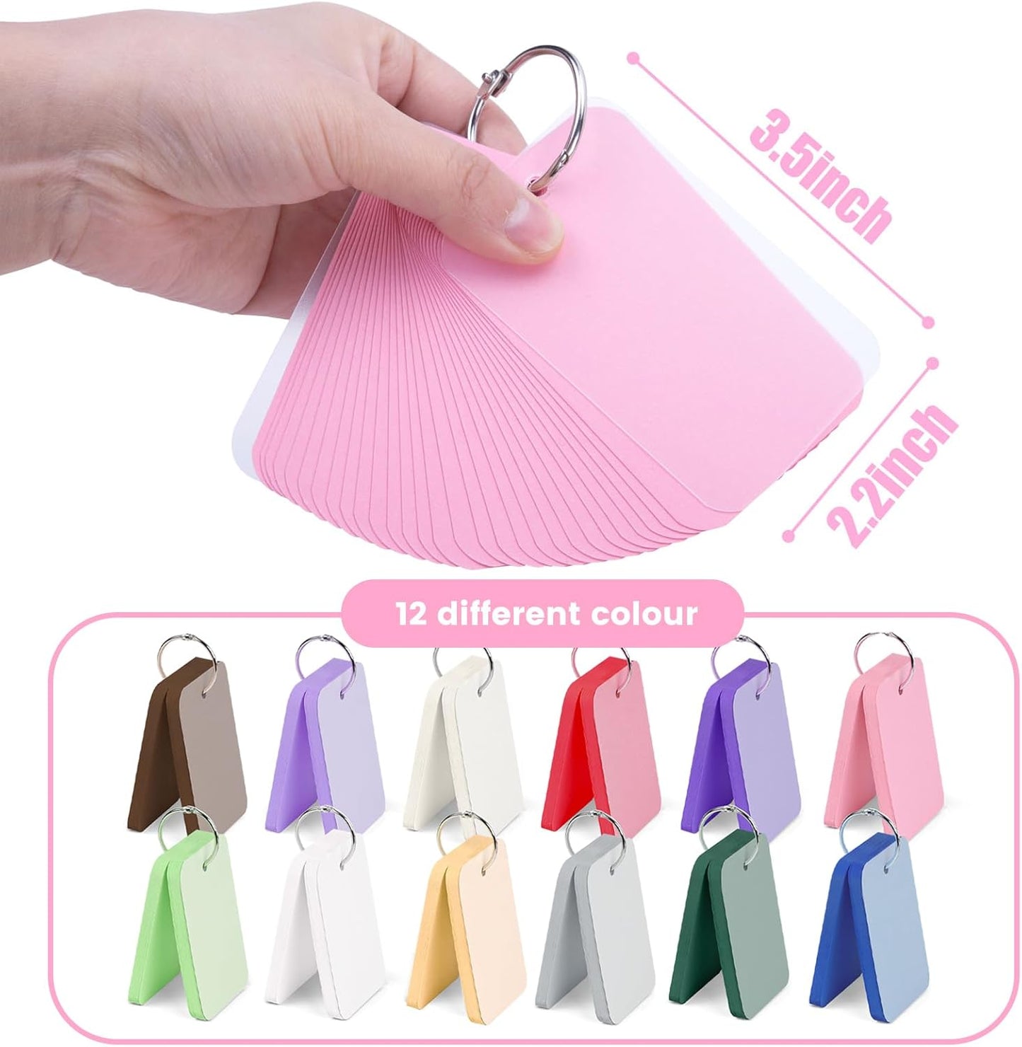 Koogel 600PCS Index Cards with Rings and Covers, 2.2x3.5 Inch Colored Flash Cards for Studying, Easy Flip Notecard for School Learning College Memory Recipe Color Coding Office Supplies, 12 Colors