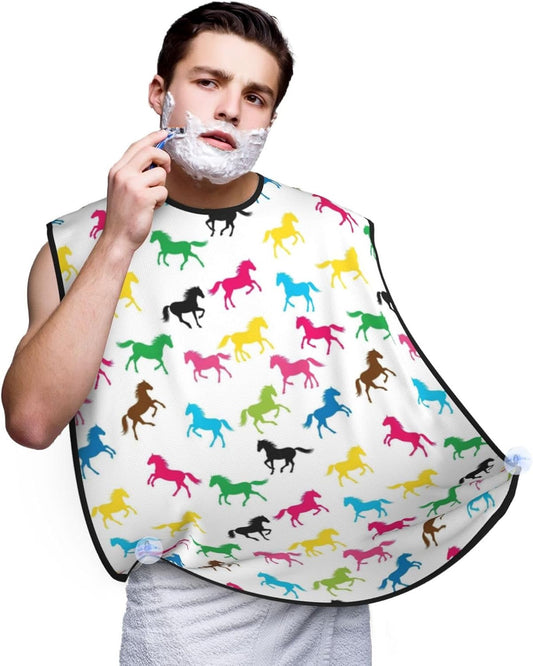 Beard Bib Apron for Men Shaving, Waterproof Non-Stick Hair Catcher with Suction Cups, Grooming Essential for Dad Husband, Colorful Horse Shave Bib