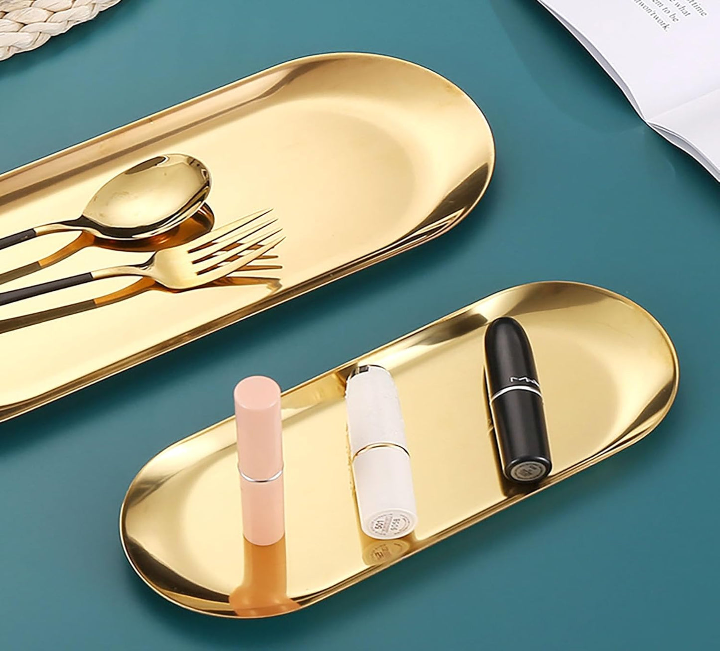 9 Inch x 3.8 Inch Trinket Tray Gold Oval Stainless Steel Small Serving Trays Towel Storage Plate Tea Fruit Trays Jewelry Plate Decorative Storage Tray (2 Gold, Medium)