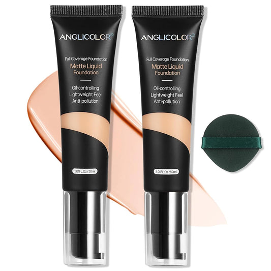 Anglicolor Matte Oil Control Concealer Foundation 2PCS, Flawless Soft Long Lasting Foundation Makeup,Waterproof Full Coverage Face Makeup Strong Concealer Foundation for Oily Acne Skin (2PC 103, 60ml)