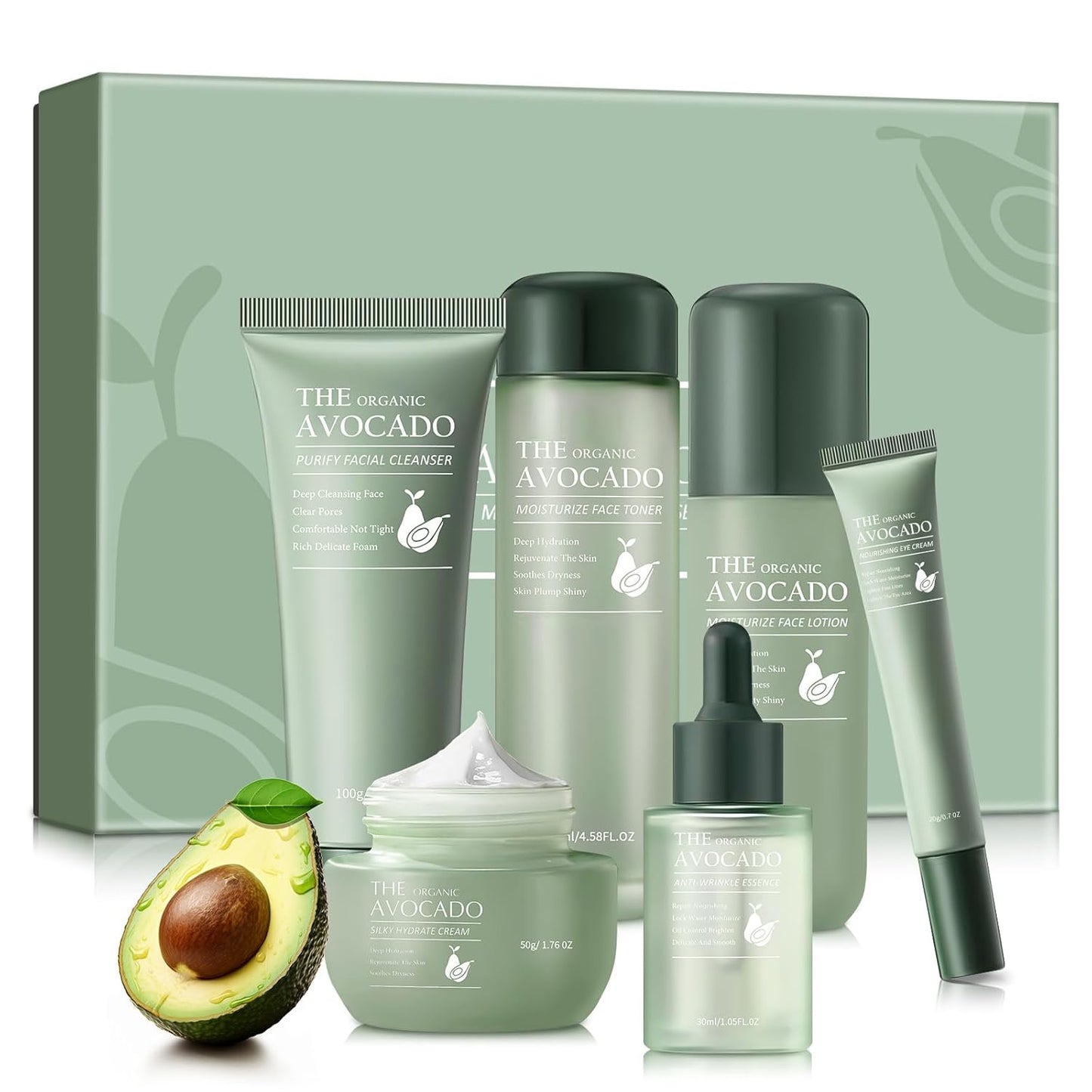 Avocado Skin Care Set, Skincare Gifts Kits For Hydrating Skin, Anti Aging Facial Kit For Women With Facial Cleanser, Toner, Face Serum, Lotion, Face Cream, Eye Cream. (6 Pieces)
